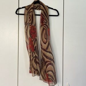 Sheer Scarf/Shawl with Muted Red Roses and Brown/Cream Swirl